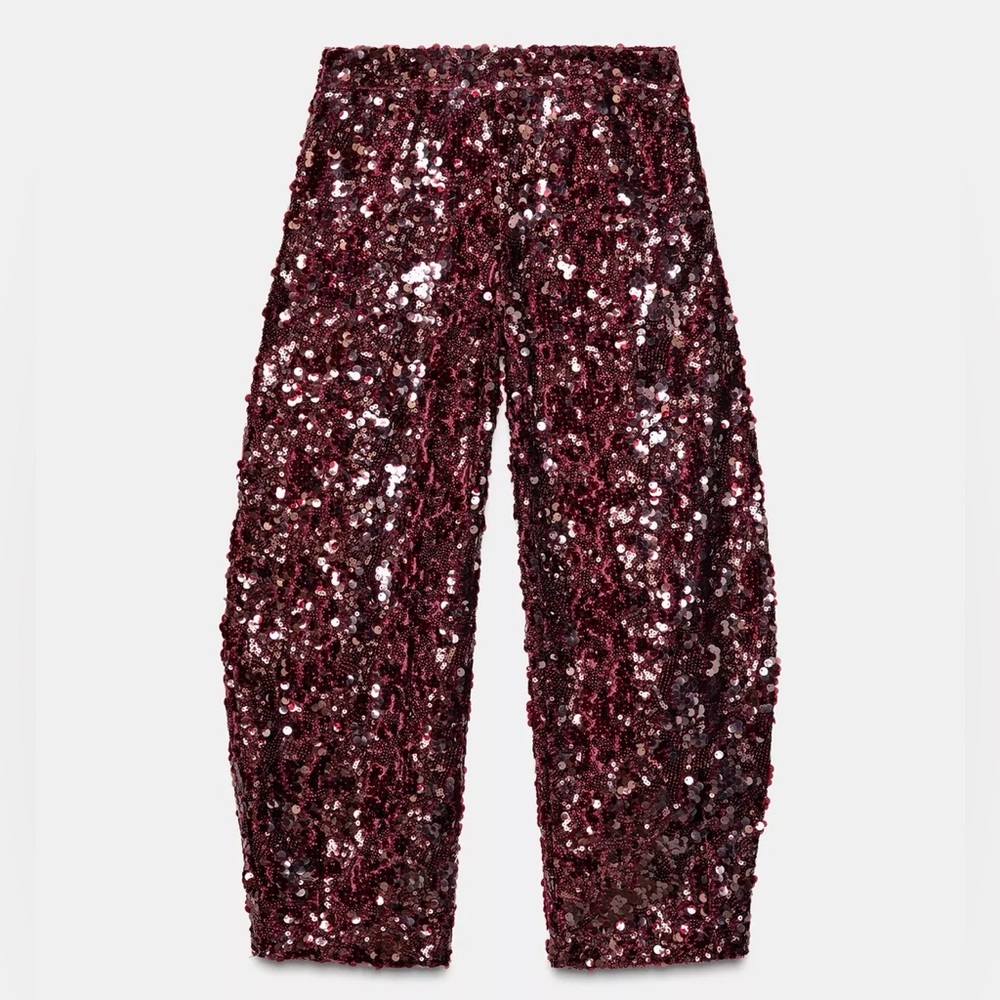 Zara Sequin Barrel Pants Maroon Burgundy size Small